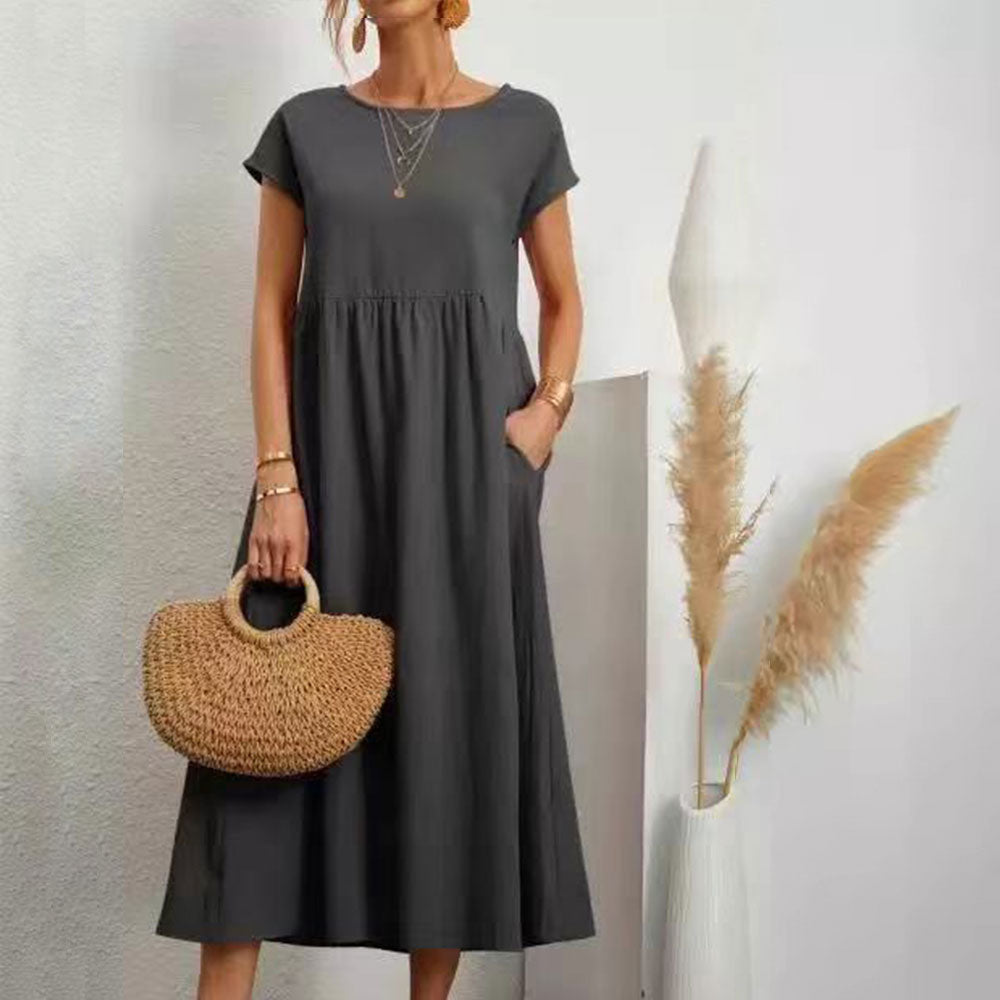 Valenzora | Loose round-neck summer midi dress made of cotton and linen