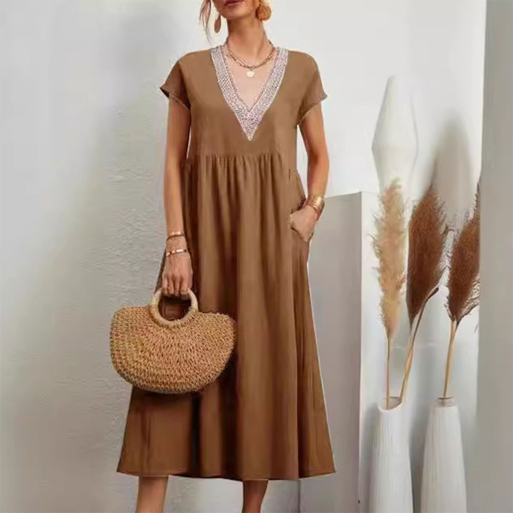 Valenzora | Dress with V-neck and lace hem made of cotton and linen in a solid color