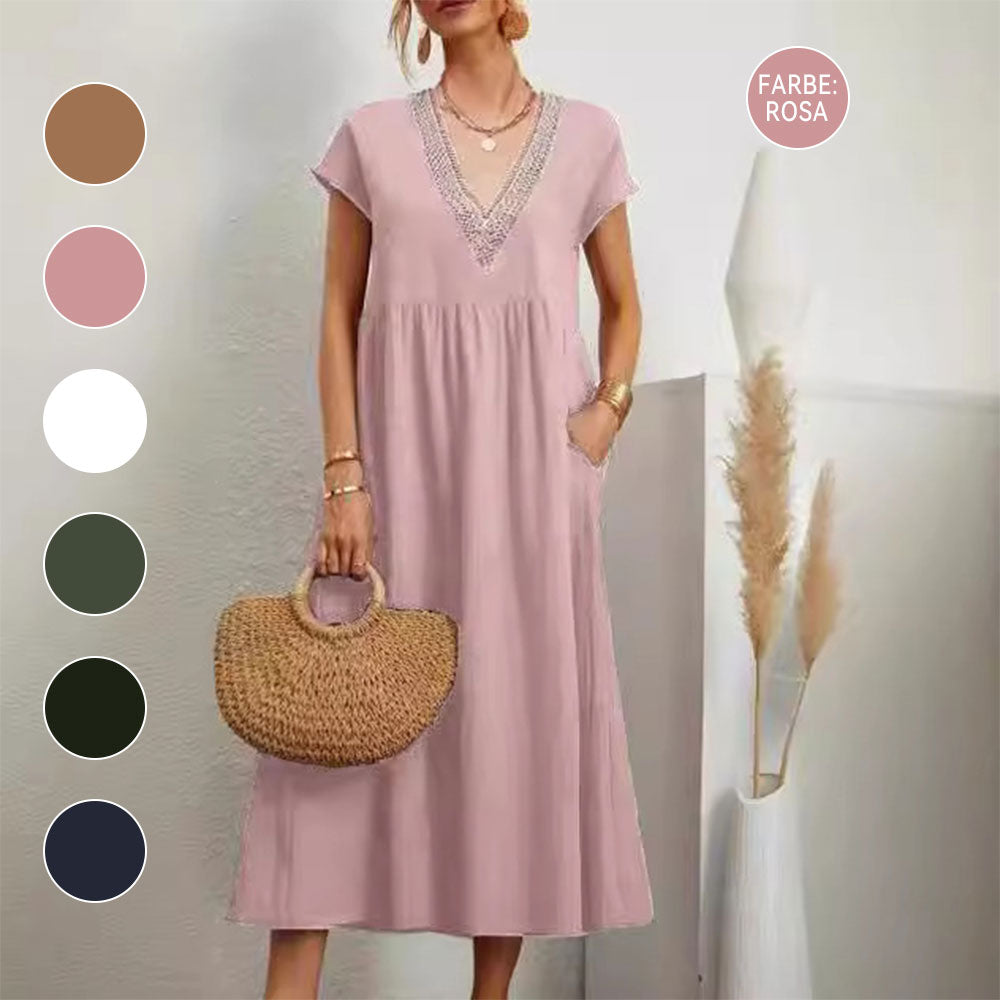 Valenzora | Dress with V-neck and lace hem made of cotton and linen in a solid color