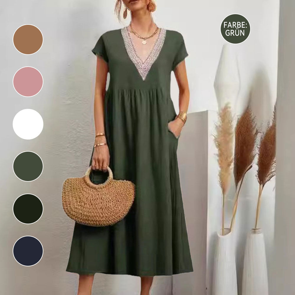 Valenzora | Dress with V-neck and lace hem made of cotton and linen in a solid color