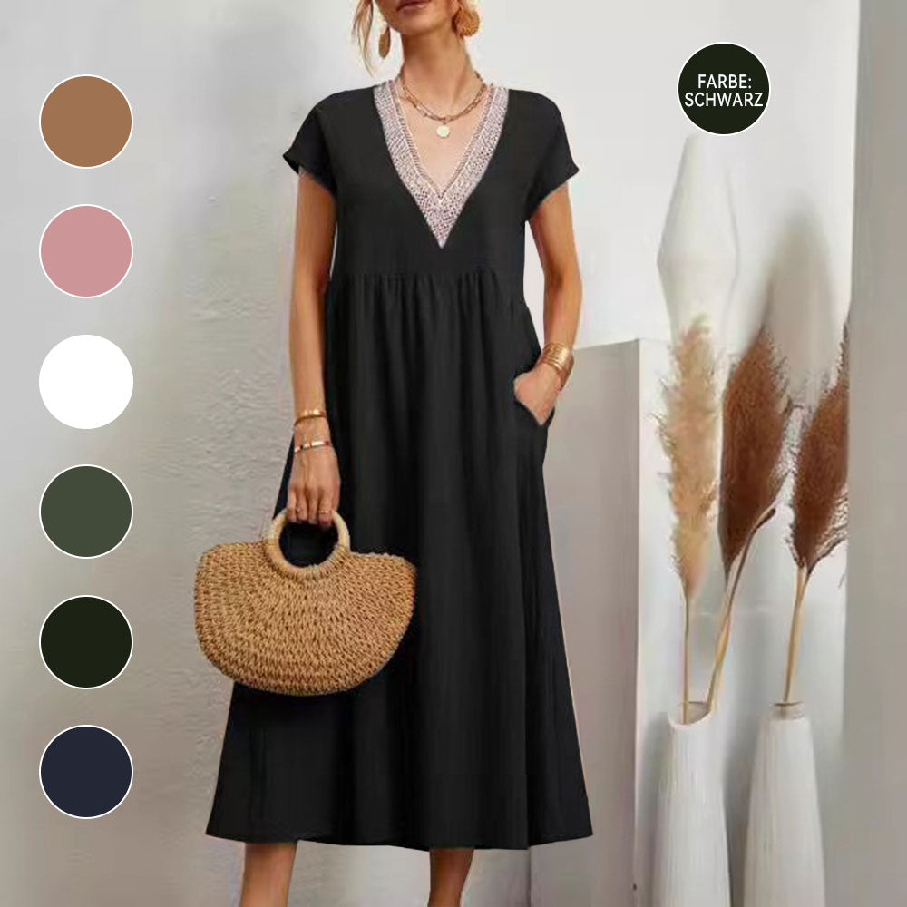 Valenzora | Dress with V-neck and lace hem made of cotton and linen in a solid color