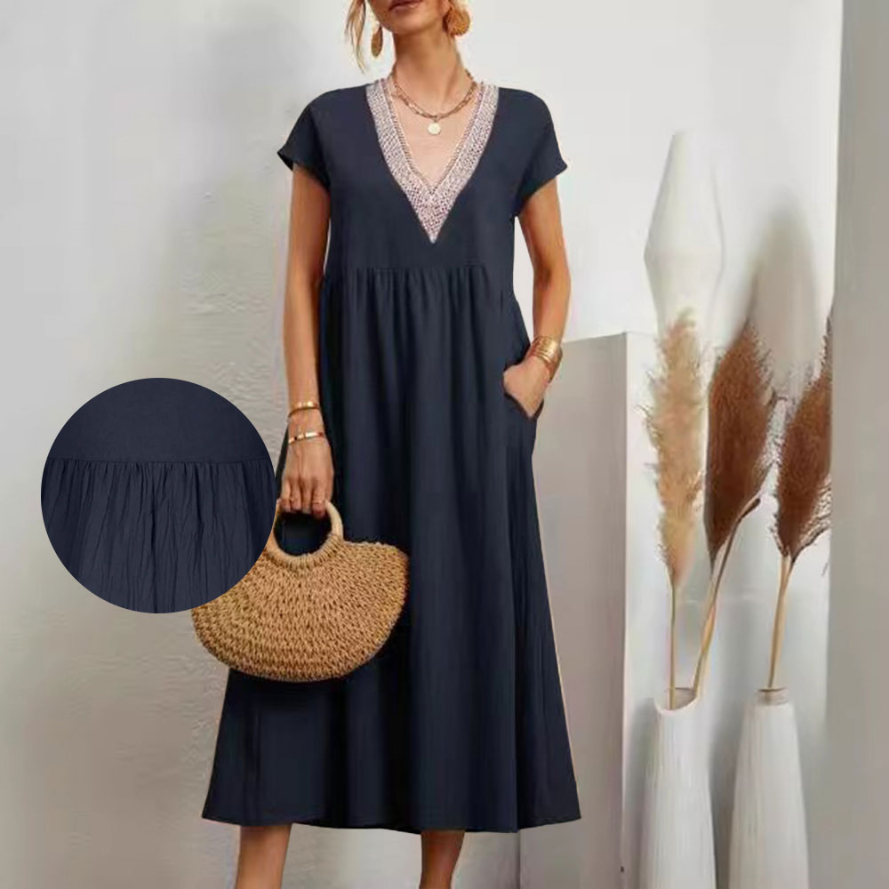 Valenzora | Dress with V-neck and lace hem made of cotton and linen in a solid color