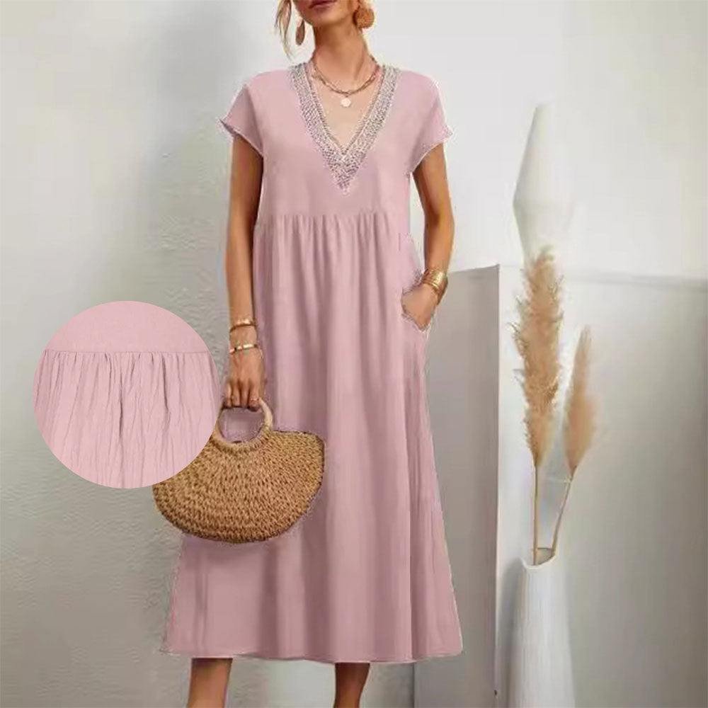 Valenzora | Dress with V-neck and lace hem made of cotton and linen in a solid color