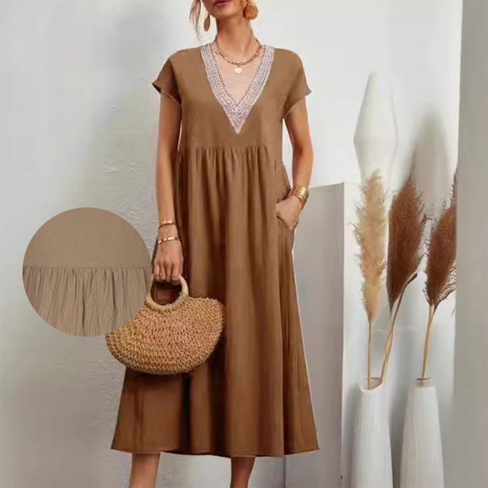 Valenzora | Dress with V-neck and lace hem made of cotton and linen in a solid color
