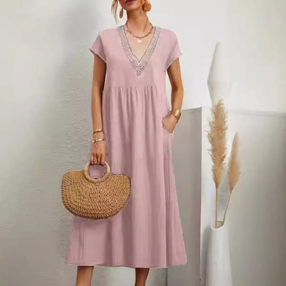 Valenzora | Dress with V-neck and lace hem made of cotton and linen in a solid color