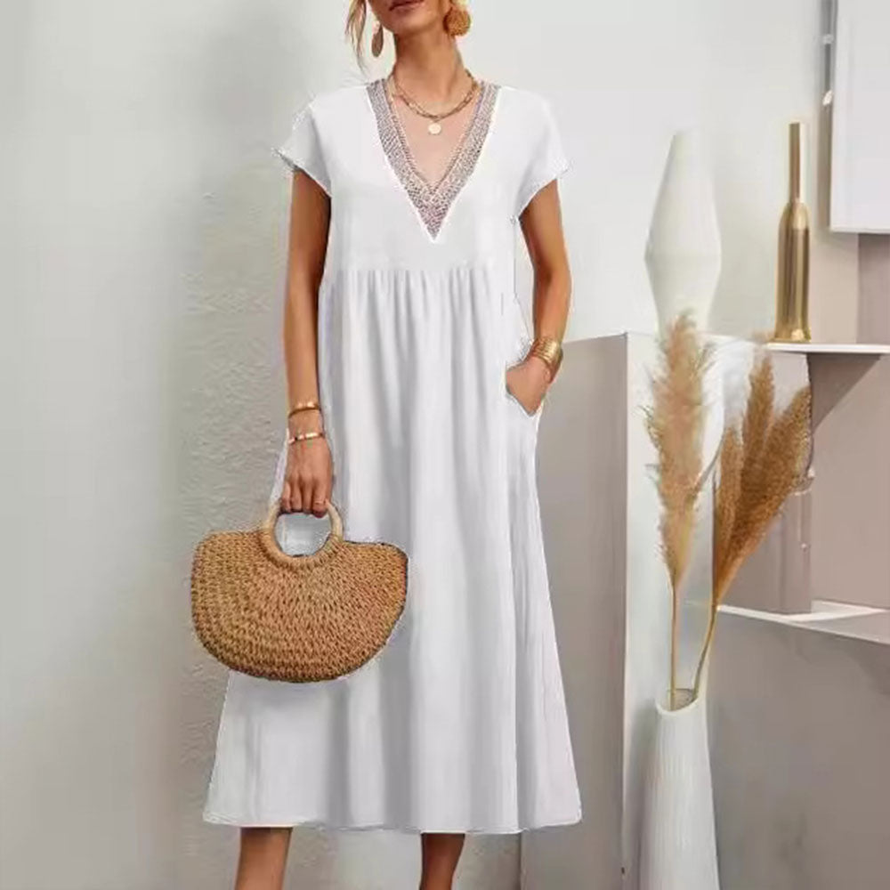 Valenzora | Dress with V-neck and lace hem made of cotton and linen in a solid color