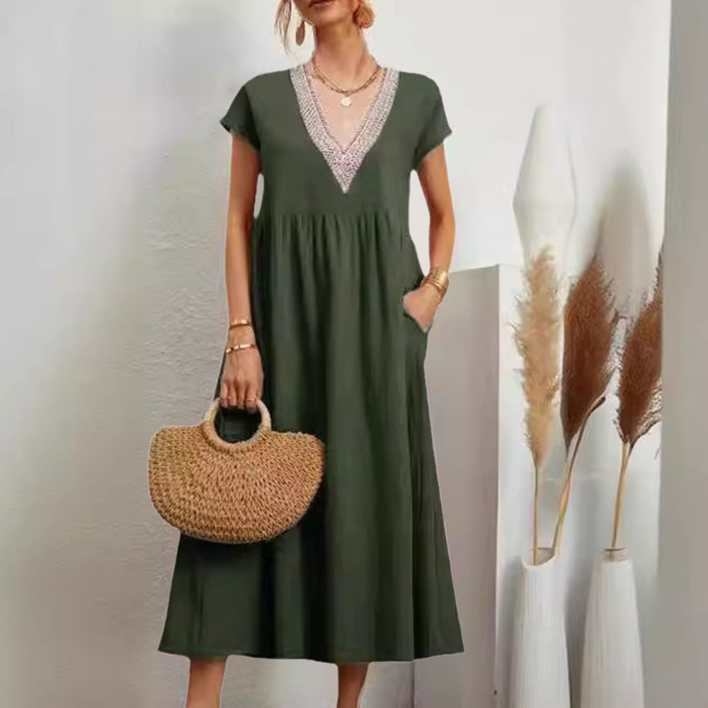 Valenzora | Dress with V-neck and lace hem made of cotton and linen in a solid color