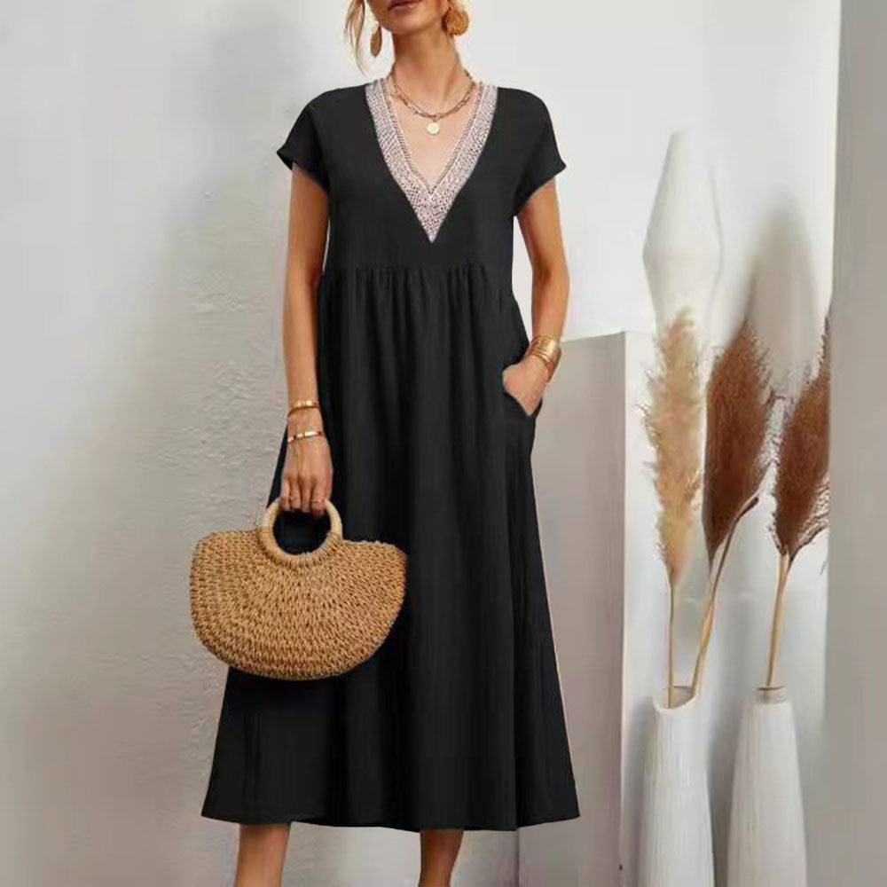 Valenzora | Dress with V-neck and lace hem made of cotton and linen in a solid color