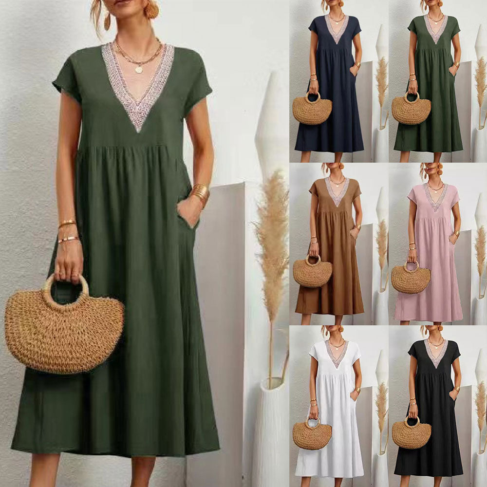 Valenzora | Dress with V-neck and lace hem made of cotton and linen in a solid color