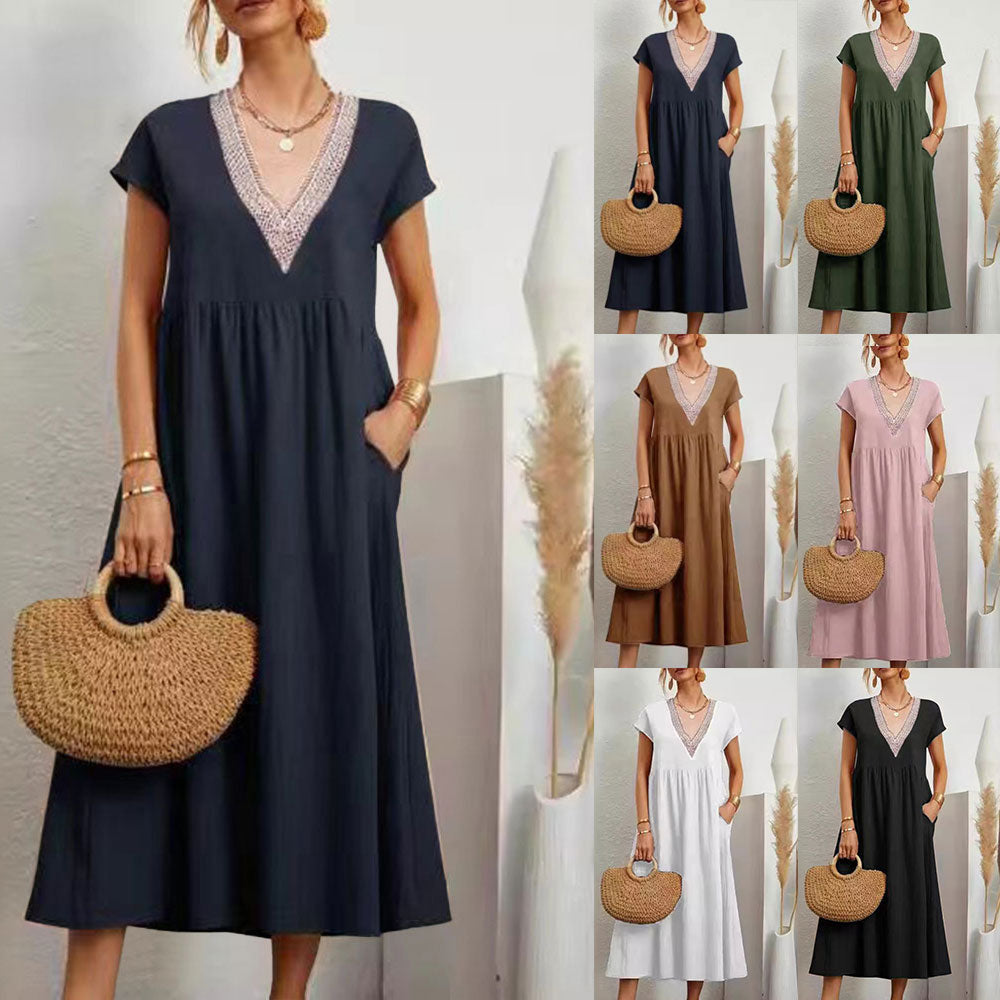 Valenzora | Dress with V-neck and lace hem made of cotton and linen in a solid color