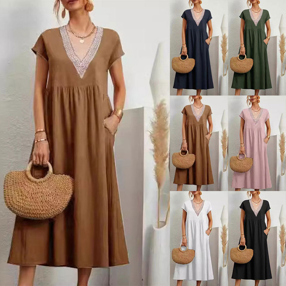 Valenzora | Dress with V-neck and lace hem made of cotton and linen in a solid color