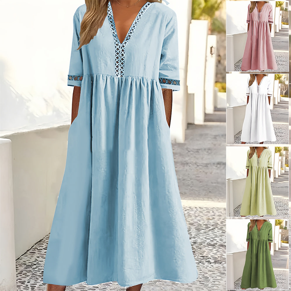 Valenzora | Lässiges, weit geschnittenes Sommerkleid aus Baumwolle und Leinen mit V-Ausschnitt und kurzen Ärmeln