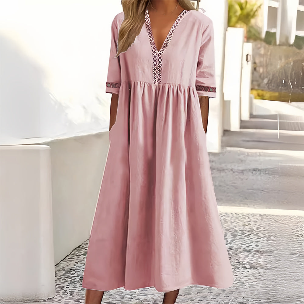 Valenzora | Lässiges, weit geschnittenes Sommerkleid aus Baumwolle und Leinen mit V-Ausschnitt und kurzen Ärmeln