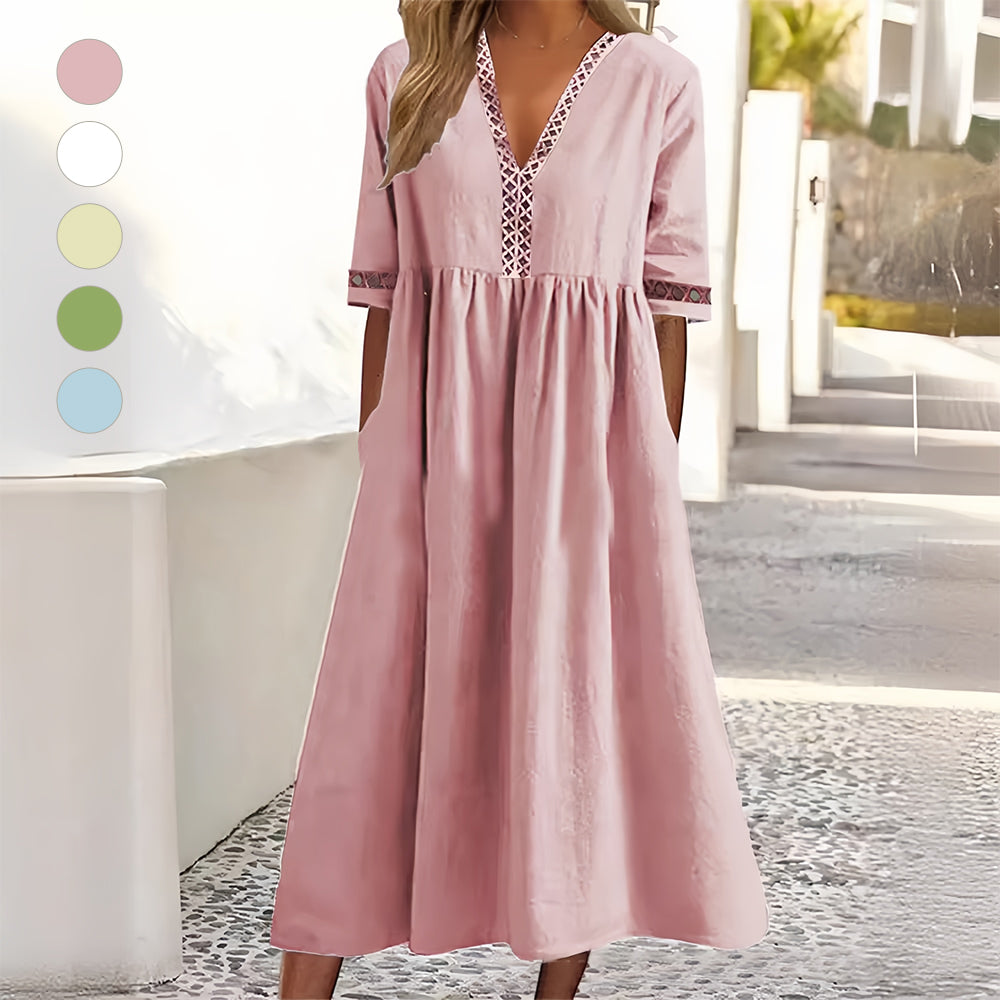 Valenzora | Lässiges, weit geschnittenes Sommerkleid aus Baumwolle und Leinen mit V-Ausschnitt und kurzen Ärmeln