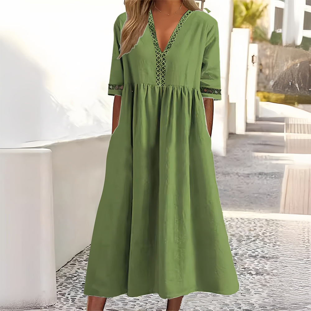Valenzora | Lässiges, weit geschnittenes Sommerkleid aus Baumwolle und Leinen mit V-Ausschnitt und kurzen Ärmeln