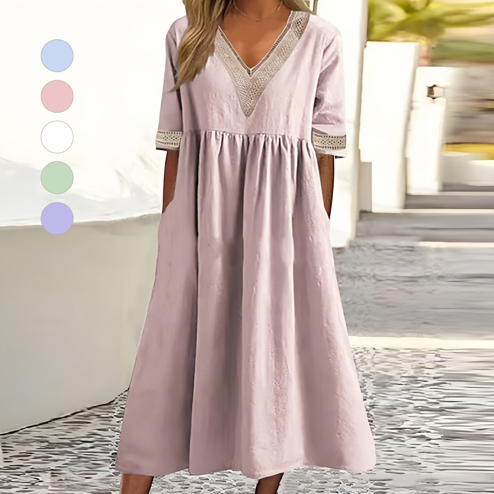 Valenzora | A-line midi summer dress with V-neck and short sleeves for women
