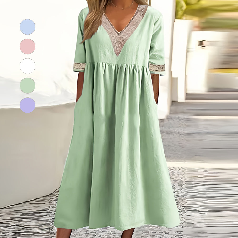 Valenzora | A-line midi summer dress with V-neck and short sleeves for women