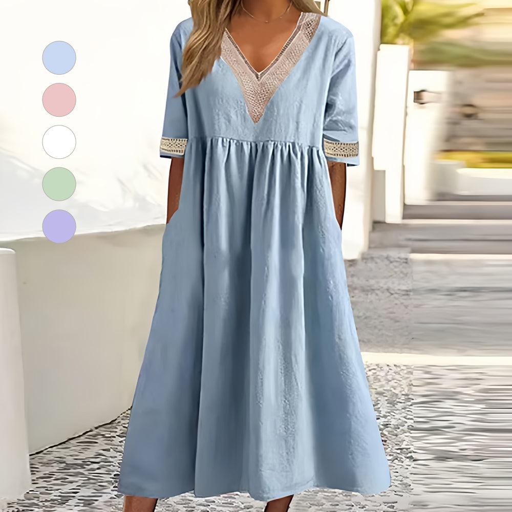 Valenzora | A-line midi summer dress with V-neck and short sleeves for women