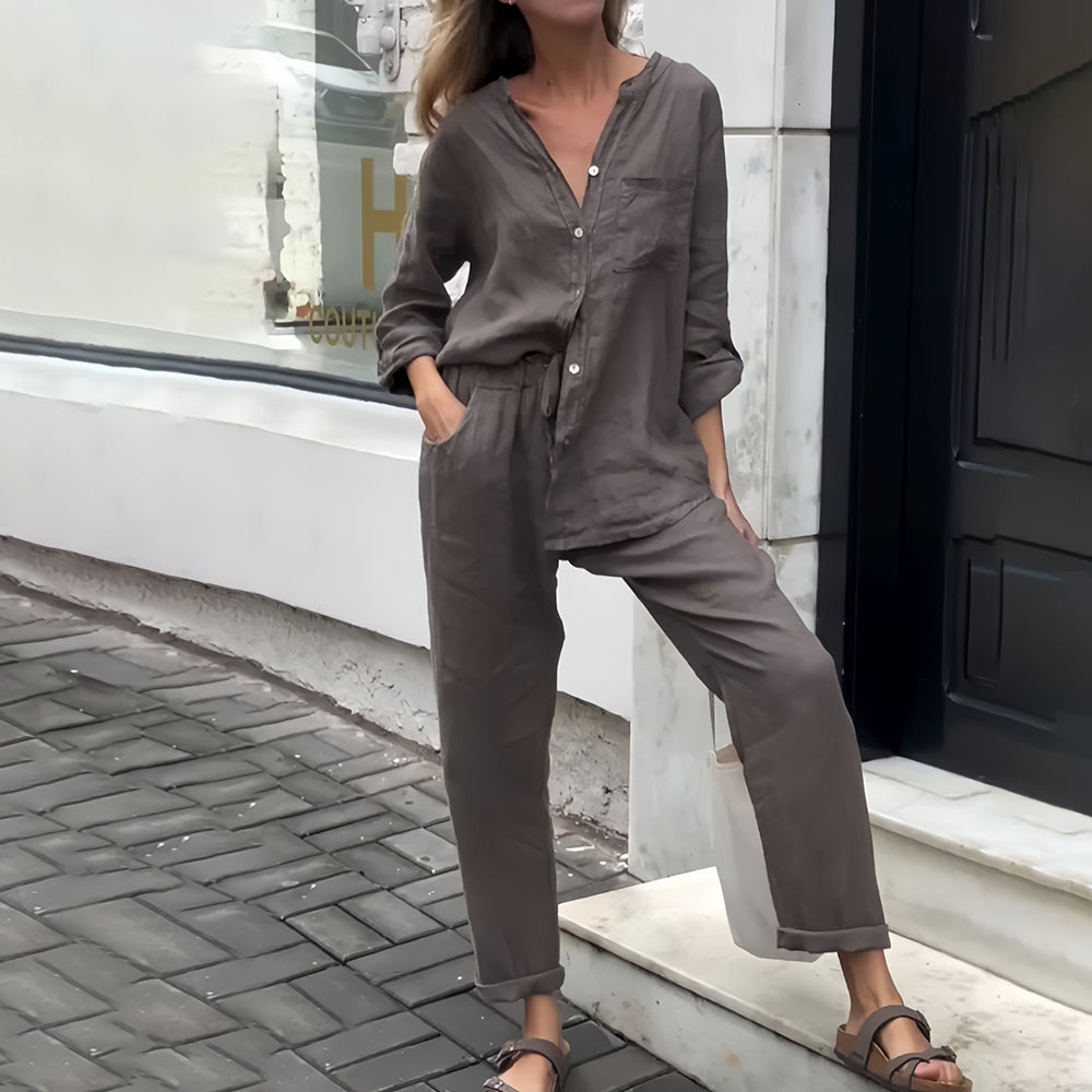 Valenzora | Long-sleeved shirt and trousers in cotton and linen for women