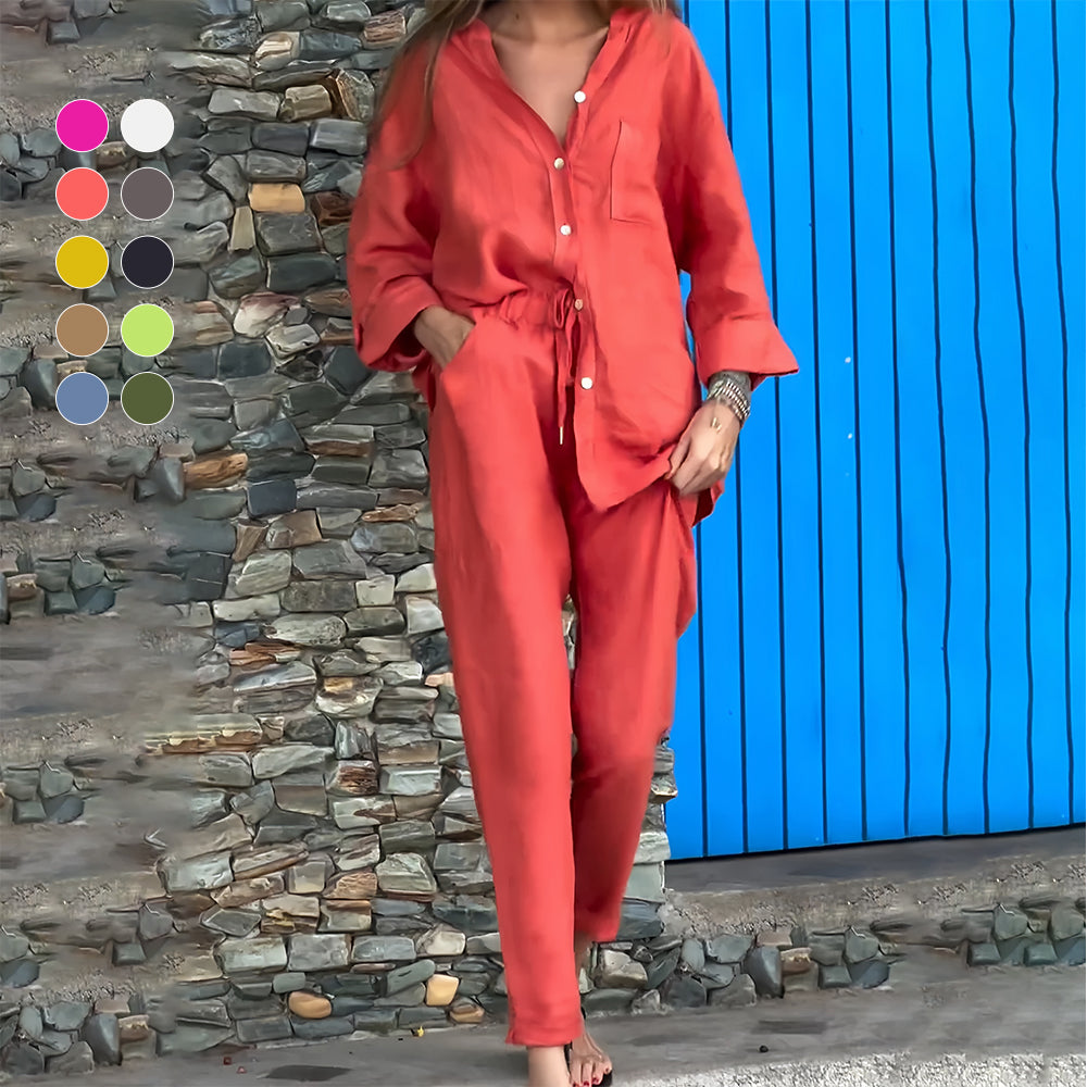 Valenzora | Long-sleeved shirt and trousers in cotton and linen for women