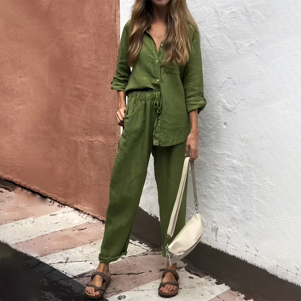 Valenzora | Long-sleeved shirt and trousers in cotton and linen for women