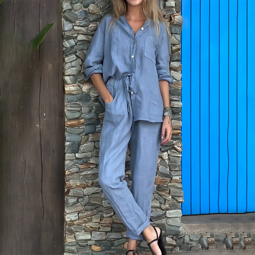 Valenzora | Long-sleeved shirt and trousers in cotton and linen for women