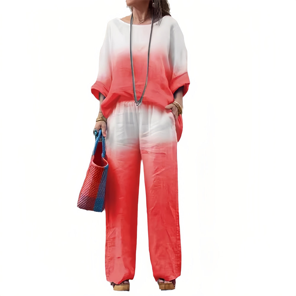 Valenzora | Cotton and linen t-shirt and trousers with gradient color and round neck for women
