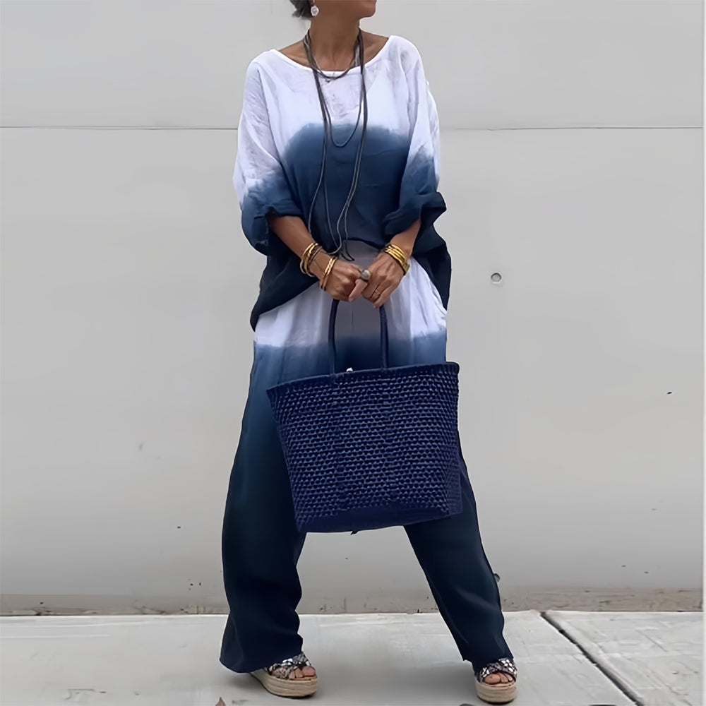 Valenzora | Cotton and linen t-shirt and trousers with gradient color and round neck for women