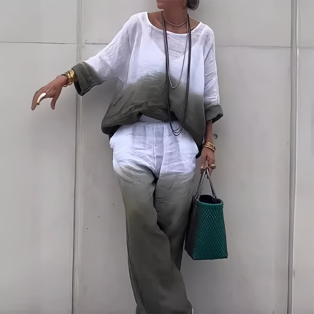 Valenzora | Cotton and linen t-shirt and trousers with gradient color and round neck for women