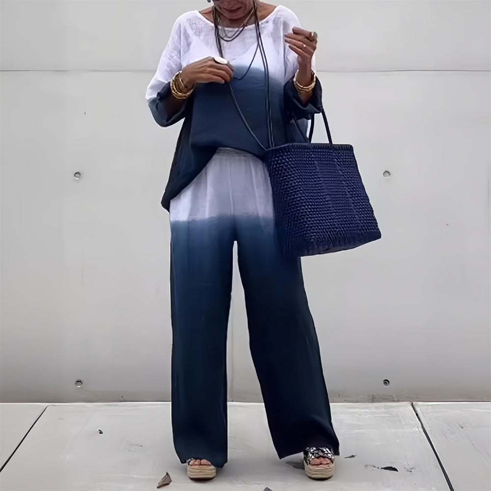 Valenzora | Cotton and linen t-shirt and trousers with gradient color and round neck for women