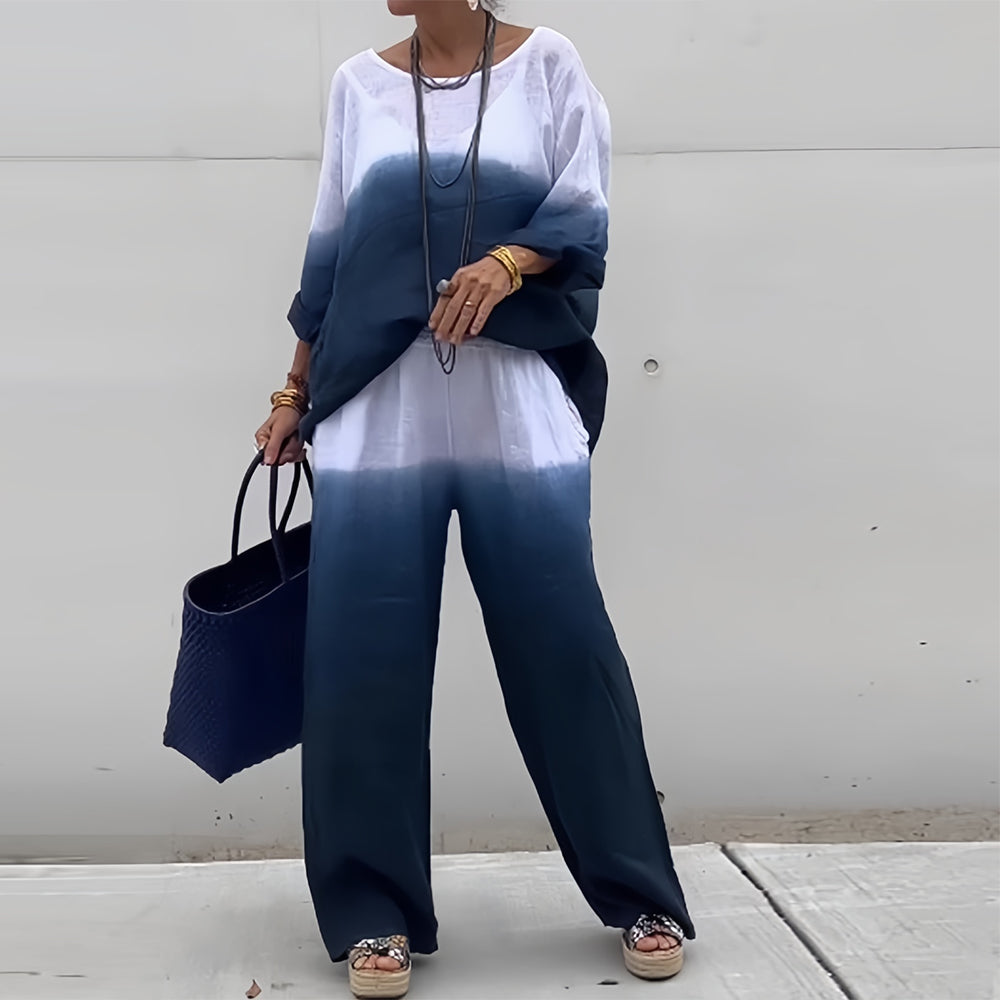 Valenzora | Cotton and linen t-shirt and trousers with gradient color and round neck for women