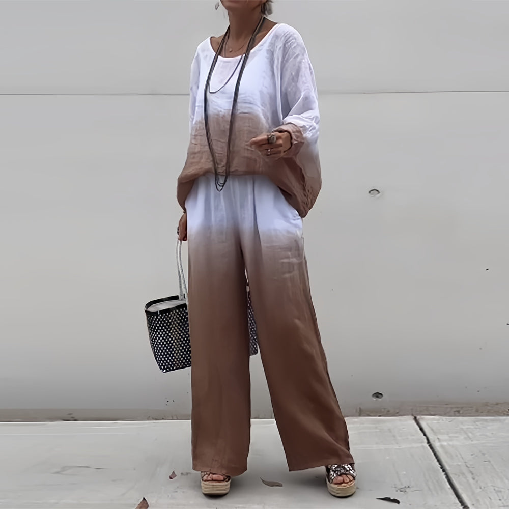 Valenzora | Cotton and linen t-shirt and trousers with gradient color and round neck for women