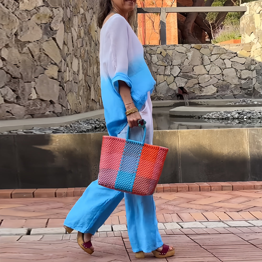 Valenzora | Cotton and linen t-shirt and trousers with gradient color and round neck for women