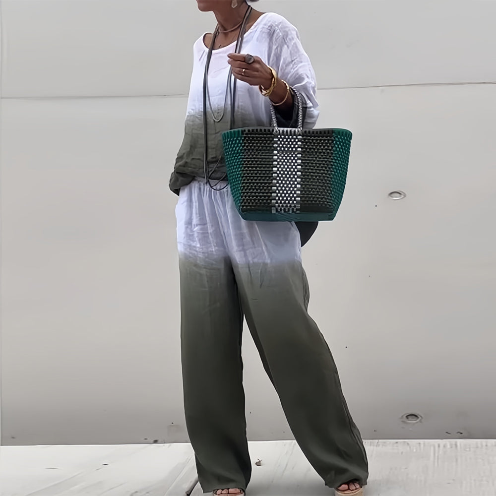 Valenzora | Cotton and linen t-shirt and trousers with gradient color and round neck for women