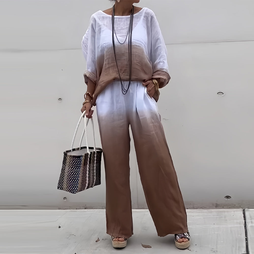 Valenzora | Cotton and linen t-shirt and trousers with gradient color and round neck for women