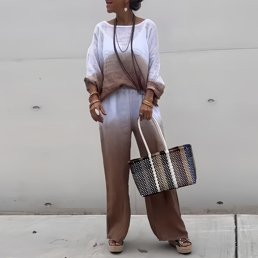 Valenzora | Cotton and linen t-shirt and trousers with gradient color and round neck for women