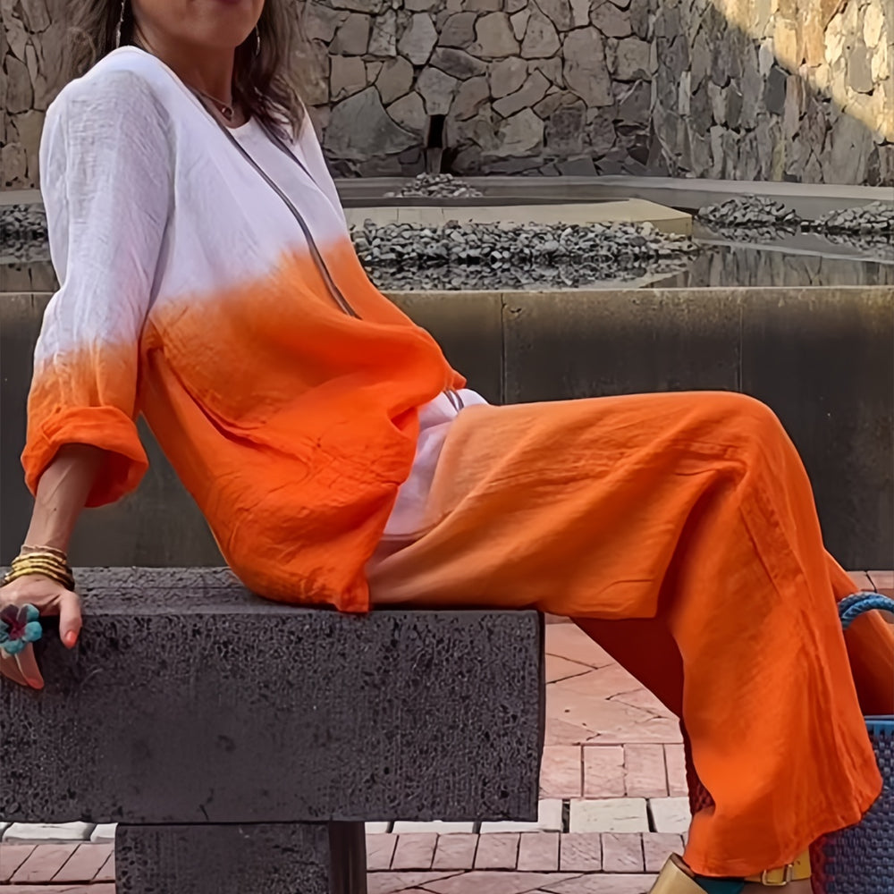 Valenzora | Cotton and linen t-shirt and trousers with gradient color and round neck for women
