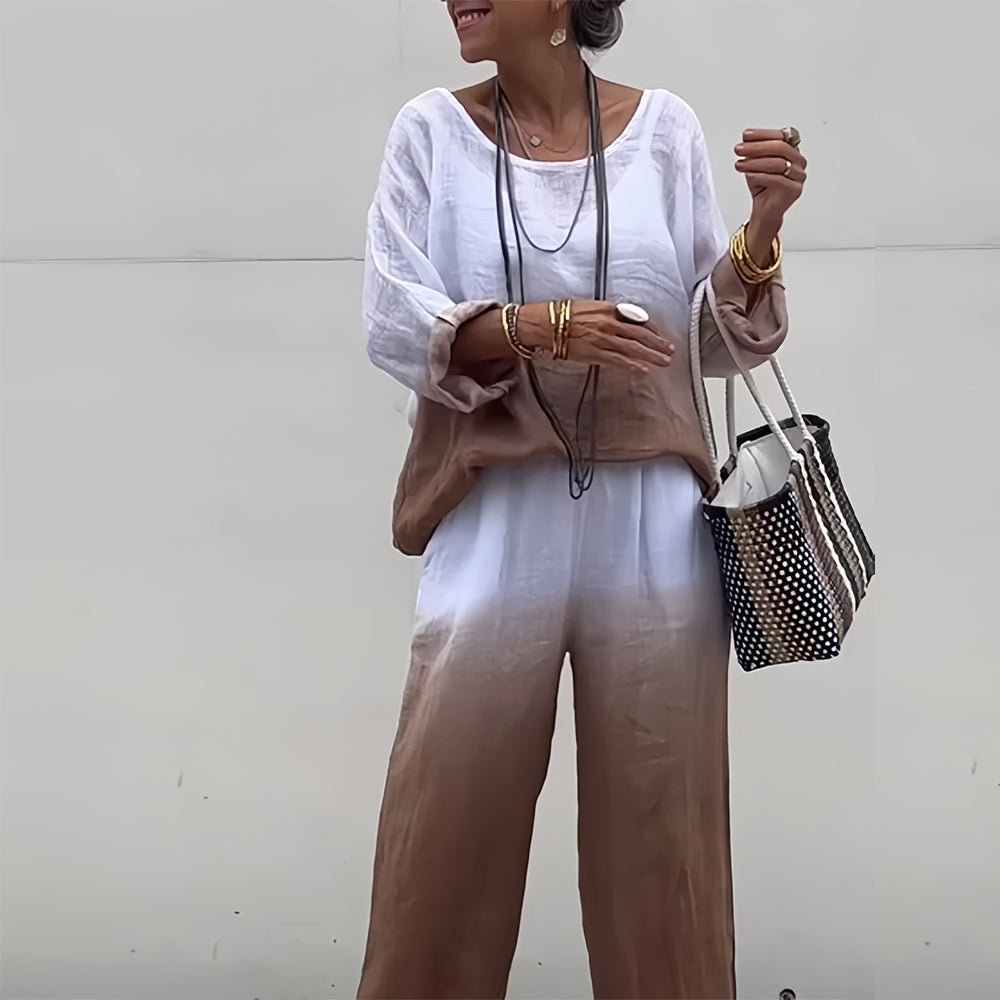 Valenzora | Cotton and linen t-shirt and trousers with gradient color and round neck for women