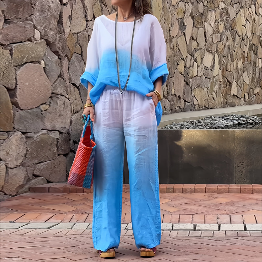 Valenzora | Cotton and linen t-shirt and trousers with gradient color and round neck for women