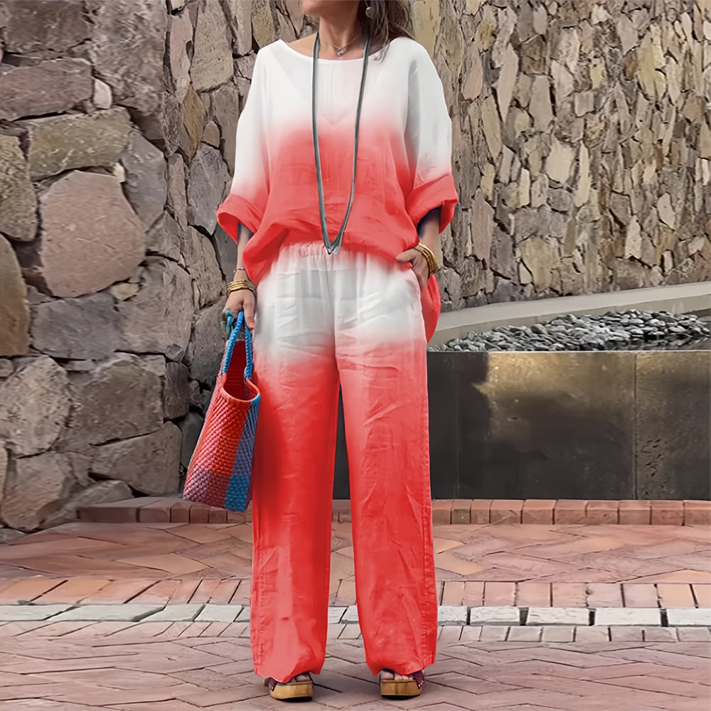 Valenzora | Cotton and linen t-shirt and trousers with gradient color and round neck for women