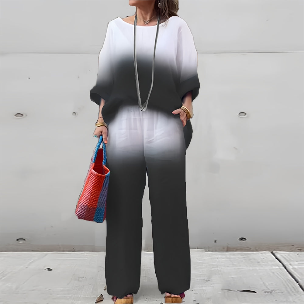 Valenzora | Cotton and linen t-shirt and trousers with gradient color and round neck for women