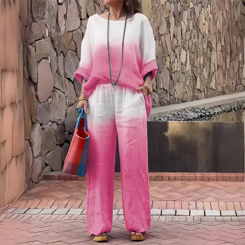 Valenzora | Cotton and linen t-shirt and trousers with gradient color and round neck for women