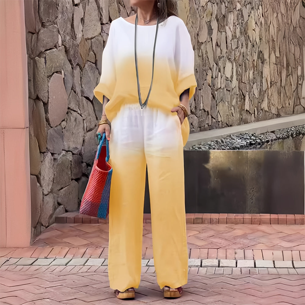 Valenzora | Cotton and linen t-shirt and trousers with gradient color and round neck for women