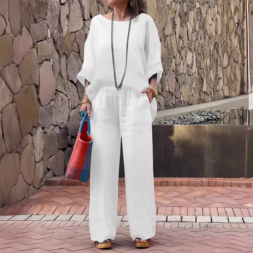 Valenzora | Cotton and linen t-shirt and trousers with gradient color and round neck for women