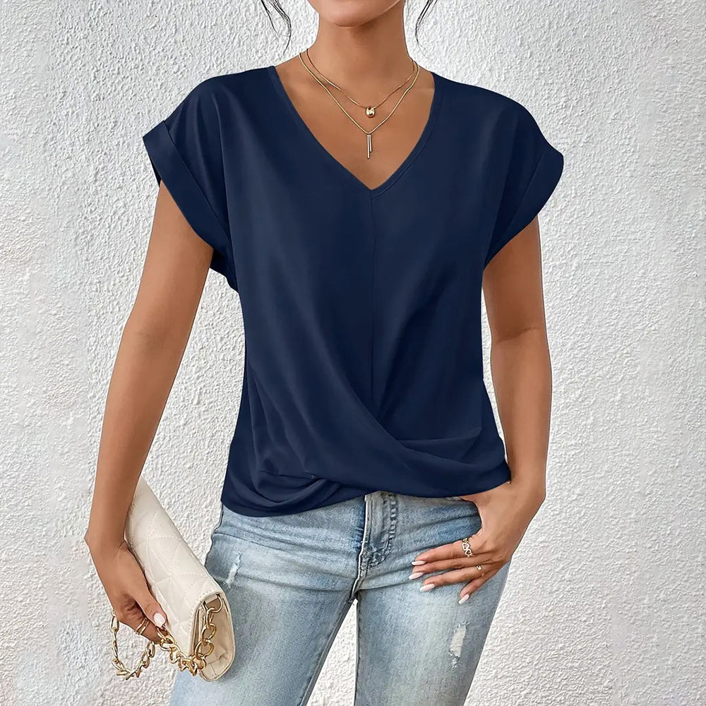 Valenzora | Elegantes, einfarbiges T-Shirt mit V-Ausschnitt und gedrehtem Saum für Damen