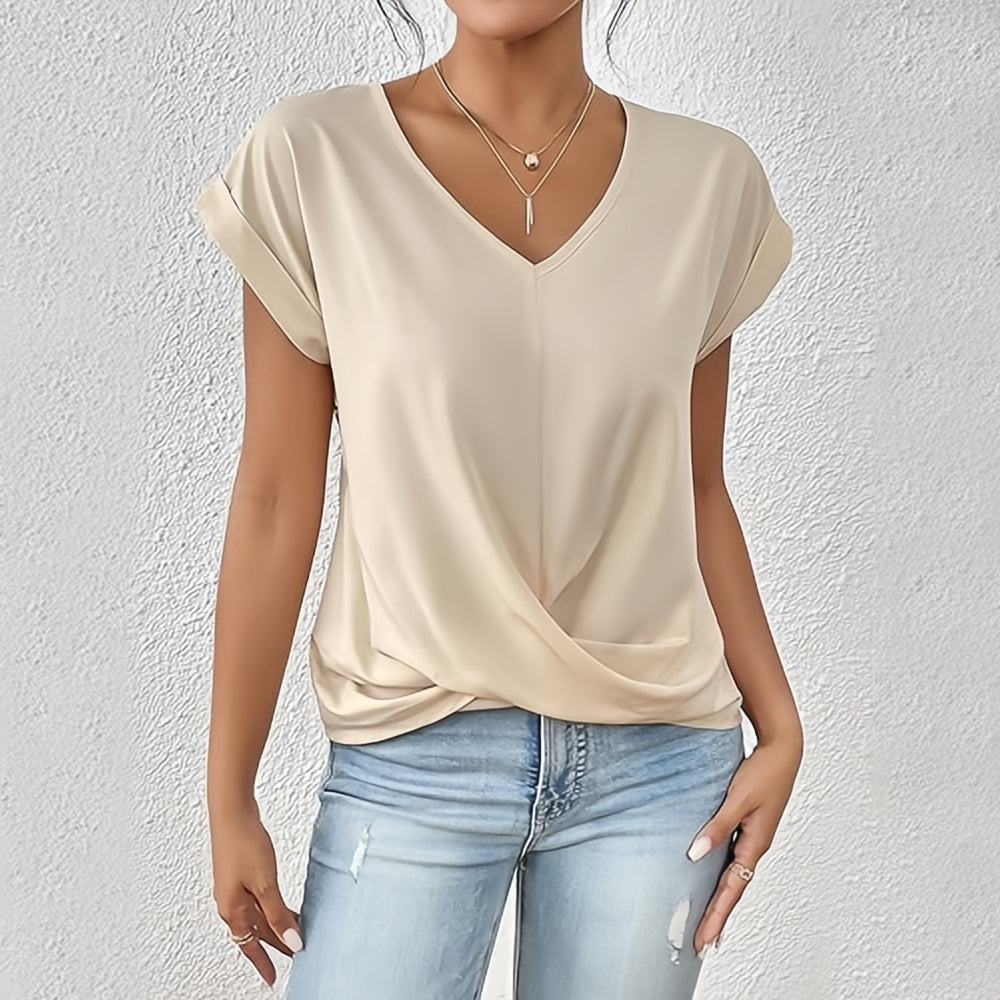 Valenzora | Elegantes, einfarbiges T-Shirt mit V-Ausschnitt und gedrehtem Saum für Damen