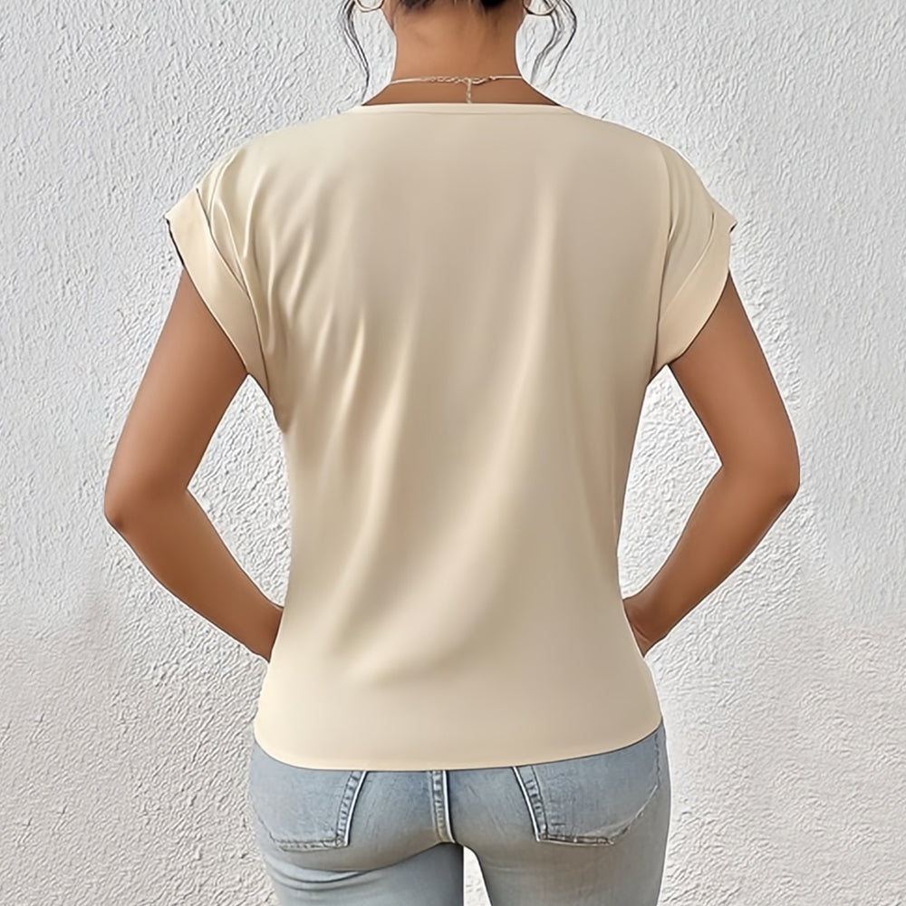 Valenzora | Elegantes, einfarbiges T-Shirt mit V-Ausschnitt und gedrehtem Saum für Damen