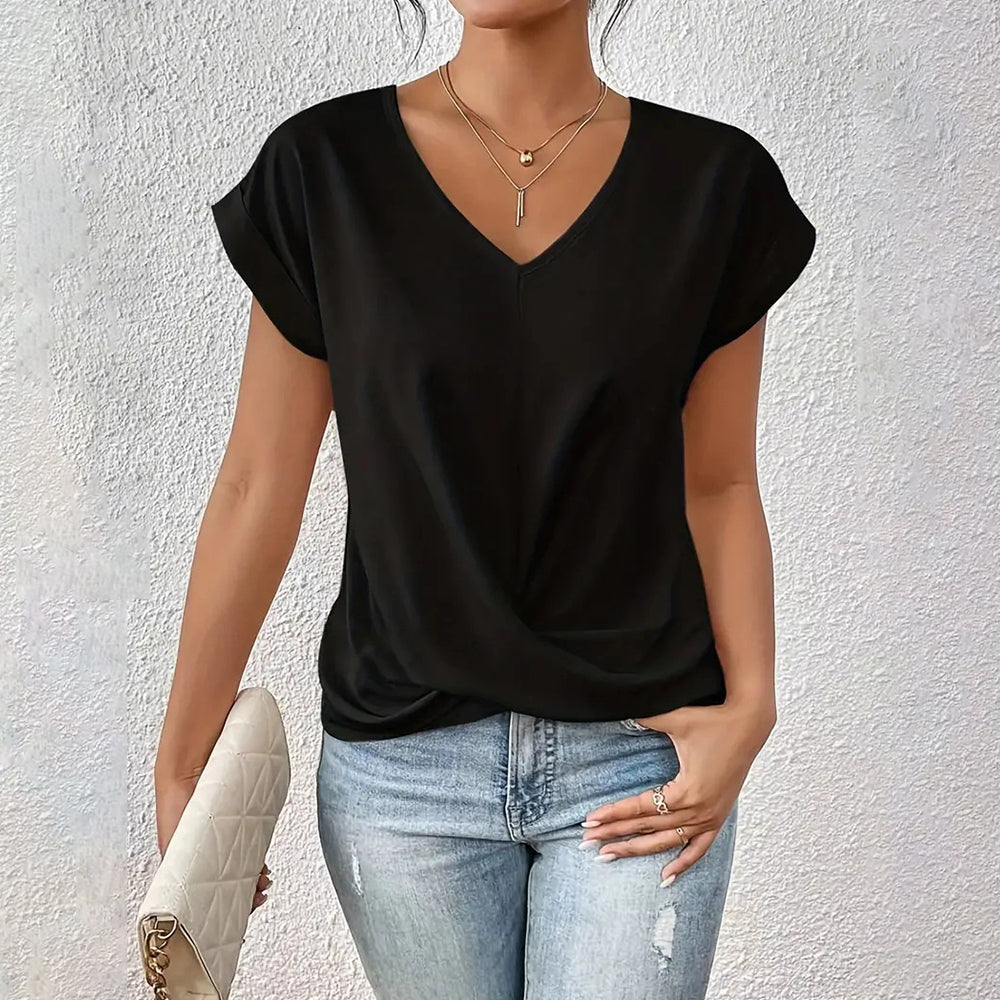 Valenzora | Elegantes, einfarbiges T-Shirt mit V-Ausschnitt und gedrehtem Saum für Damen