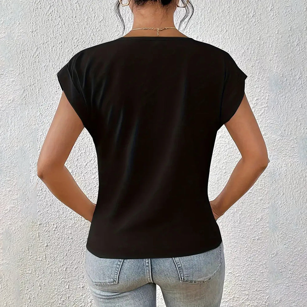 Valenzora | Elegantes, einfarbiges T-Shirt mit V-Ausschnitt und gedrehtem Saum für Damen