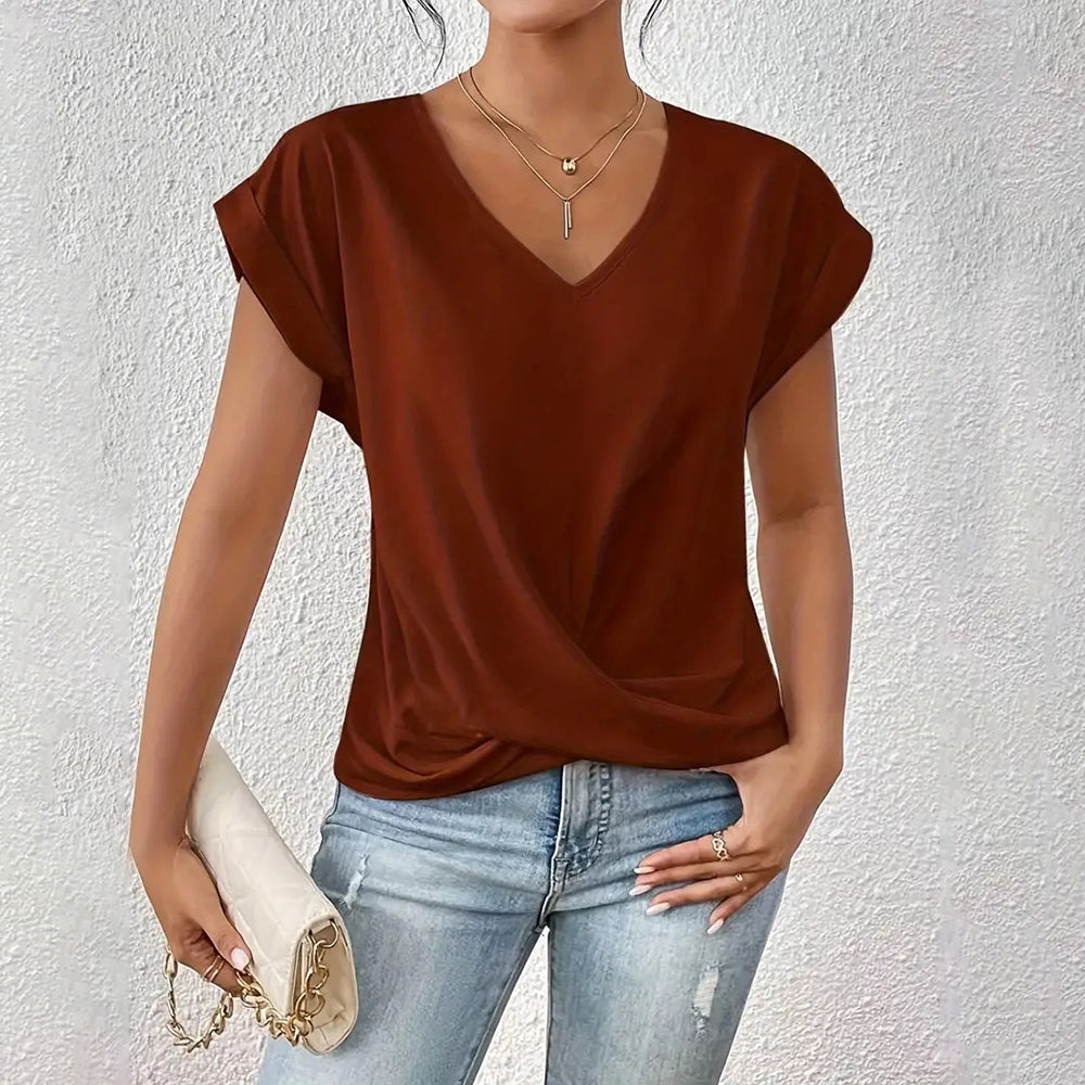 Valenzora | Elegantes, einfarbiges T-Shirt mit V-Ausschnitt und gedrehtem Saum für Damen